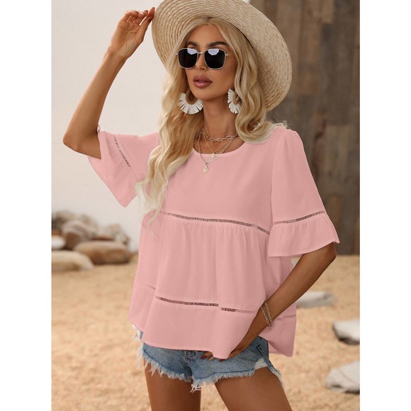 Boho Lace Insert Flounce Sleeve Ruffle Hem Blouse - white eyelet - Picture 6 of 6